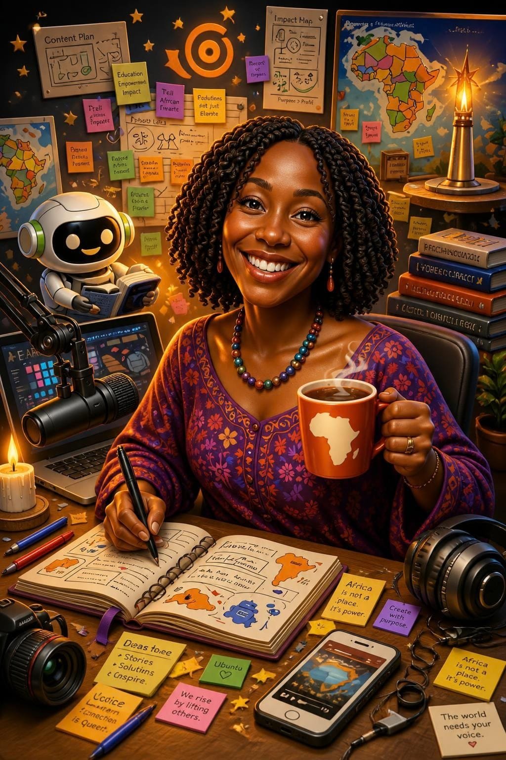 Illustration of Kim smiling at her desk with a coffee in an Africa mug, a journal, a podcast mic, a camera and a wall of sticky notes and maps